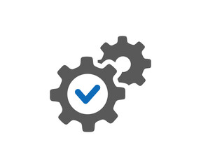 Gear wheels and check mark icon. Symbol of machine operation, process, mechanism. Settings icon and approved, confirm, done, tick vector design and illustration. 