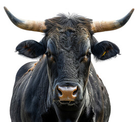 Majestic black bull with long horns, cut out - stock png.