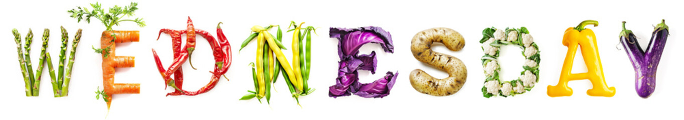 Vegetable Word Wednesday (Made of Asparagus, Carrot, Chilly, Yellow Bean, Red Cabbage, Potato, Couliflower, Yellow Pepper, Aubergine ) Isolated on White Background - Powered by Adobe