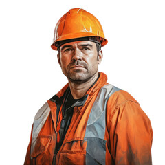 A portrait of the young worker male dressed in reflective vest and helm.