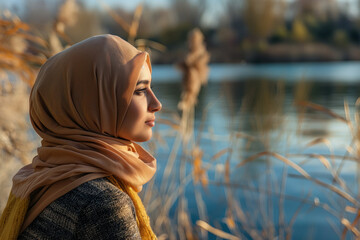 Contemplative young Muslim woman in a hijab enjoying a peaceful moment by a tranquil lake at sunset