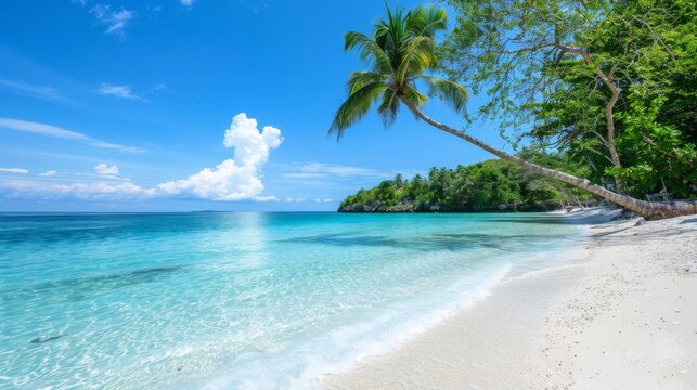 Tropical beach scene with clear blue water and white sand, palm trees, without people.