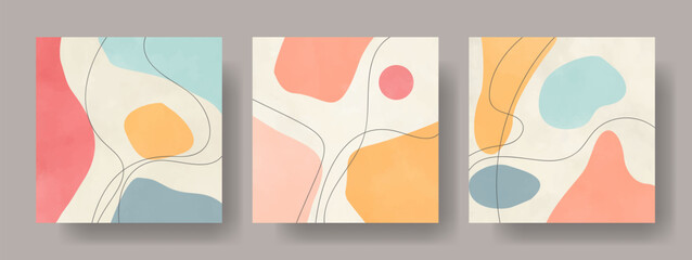 Set of abstract posters with hand drawn watercolor shapes and lines. Modern pastel color vector illustrations for design interior. Contemporary background with isolated shapes and watercolor texture.