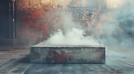 Urban-inspired concrete podium with graffiti-style smoke background, perfect for streetwear fashion showcases.