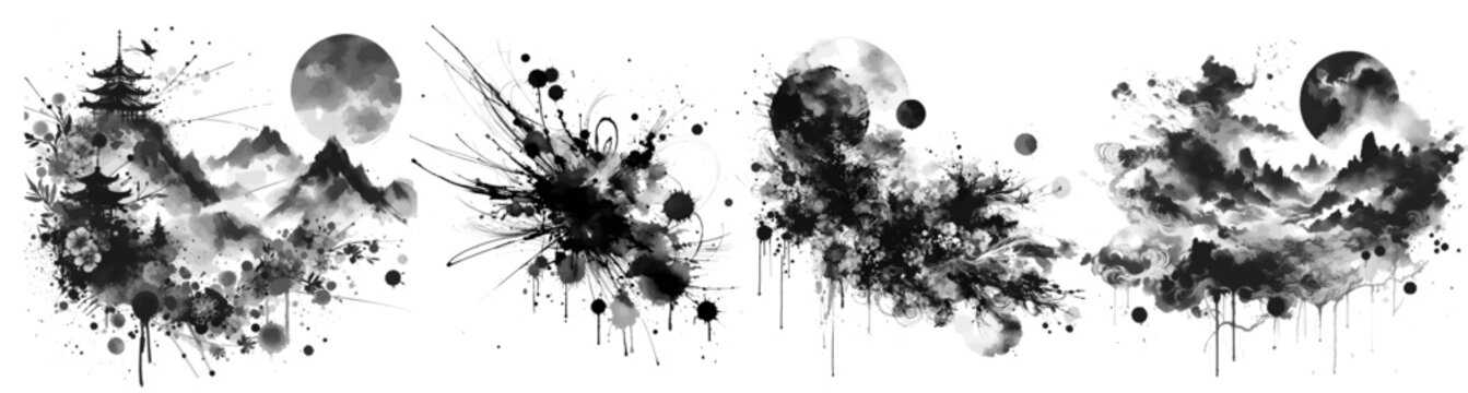 landscape painting asian chinese japanses Ink drops and splashes. Blotter spots, liquid paint drip drop splash and ink splatter. Artistic dirty grunge abstract stain vector set. Illustration splash