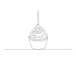 Continuous Line Drawing Of Cup Cake. One Line Of Muffin Cake. Cake Continuous Line Art. Editable Outline.
