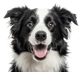 Smiling border collie with black and white fur looking forward on transparent background - stock png.