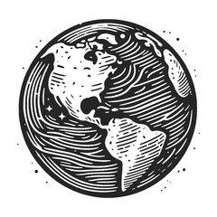  Earth, depicting the western hemisphere with artistic flair sketch engraving generative ai fictional character vector illustration. Scratch board imitation. Black and white image.