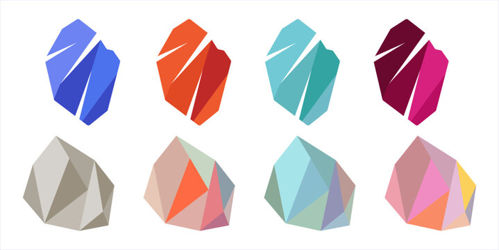 Collection of colored crystals. Geometric shapes. Trendy hipster retro backgrounds and logotypes.