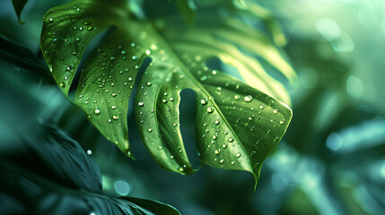 Closeup of tropical Monstera plant leaf with water drops - obrazy, fototapety, plakaty
