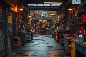 A cozy, detail-rich mechanic's workshop, evoking nostalgia with vintage tools and ambient lighting The image emanates warmth and craftsmanship - obrazy, fototapety, plakaty