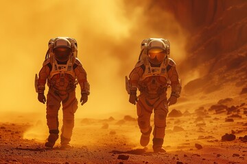 Two astronauts exploring a dusty Mars-like landscape in spacesuits signifies space exploration