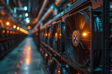Detailed shot of a cryptocurrency mining rig with multiple graphics cards in a data center illuminated by LED lights