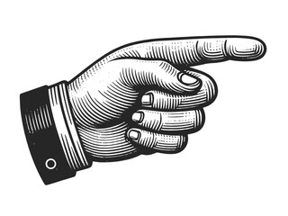 Hand pointer with forefinger index finger sketch engraving generative ai fictional character vector illustration. Scratch board imitation. Black and white image.