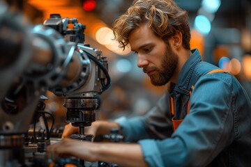 Fototapeta na wymiar A focused engineer is adjusting complex machinery components in a factory setting, with blurred facial features