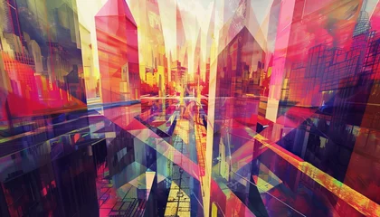 Fotobehang Psychedelic Urban Landscape with Multicolored Geometric Forms © SpiralStone