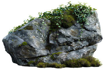 Natural rock with lush vegetation and white flowers on transparent background - stock png. - obrazy, fototapety, plakaty
