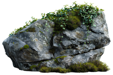 Natural rock with lush vegetation and white flowers, cut out - stock png.