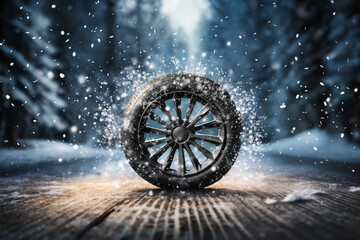 Fototapeta na wymiar a car wheel on the background of a winter road and a beautiful night landscape, a snow-covered forest with lights, a concept of traffic safety on a slippery road