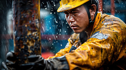 Close-up illustration of a man wearing protective gear while working on an oil rig in bad weather