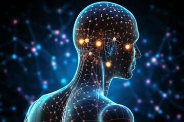 silhouette of a human body with neural connections around head and brain in form of a hologram on a dark background with light particles, digital art, concept of biotechnology of future - 757592767