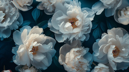 White peony flowers on a dark blue background, top view. Beautiful background for cards, magazines, wallpapers. 