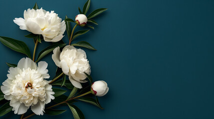 White peony flowers on a dark blue background, top view. Beautiful background for cards, magazines, wallpapers. 
