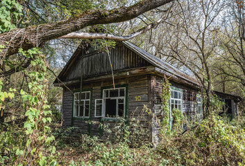 Fototapeta na wymiar Wooden cottage in abandoned Stechanka village in Chernobyl Exclusion Zone, Ukraine