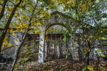 Old building in Illinci abandoned village in Chernobyl Exclusion Zone, Ukraine