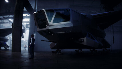 Production of military futuristic ship at the factory. Future concept. 3d rendering.