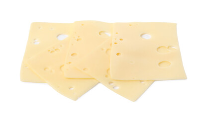 Slices of tasty fresh cheese isolated on white