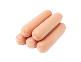 Many delicious boiled sausages on white background