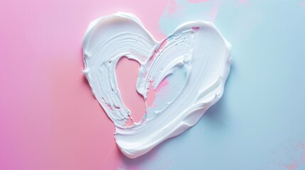 White beauty skincare cream swipe smear in heart shape on random color background.