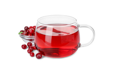Cup of delicious cranberry tea and berries isolated on white