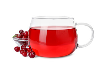Cup of delicious cranberry tea and berries isolated on white