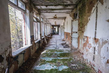 Corridor in school in Illinci abandoned village in Chernobyl Exclusion Zone, Ukraine