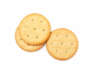 Three crispy crackers isolated on white, top view. Delicious snack