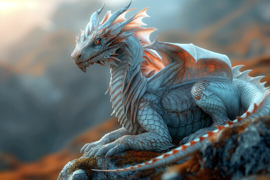 An intricately detailed dragon with grayish-blue scales and piercing orange eyes lies atop rugged mountains, embodying mythical grandeur. 