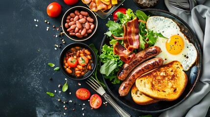 An English breakfast featuring fried eggs, bacon, sausages, beans, toast, and fresh salad, offering a hearty and satisfying meal to start the day.