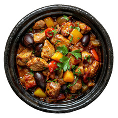Moroccan Tagine. Spicy chicken with bell peppers and olives in a savory stew on transparent background - stock png. - obrazy, fototapety, plakaty
