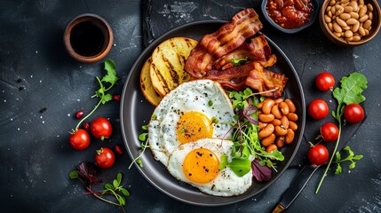 An English breakfast featuring fried eggs, bacon, sausages, beans, toast, and fresh salad, offering a hearty and satisfying meal to start the day.