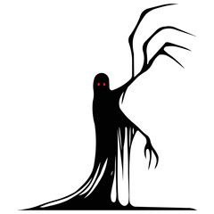 Horrible shadow monster with claws and red eyes. Minimalist black illustration for halloween