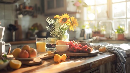 Breakfast served with coffee, orange juice, croissants, cereals, and fruits, providing a balanced diet. - obrazy, fototapety, plakaty