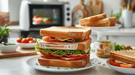 A toaster placed on a light kitchen table, surrounded by dishes and sandwiches, ready for a meal or snack.