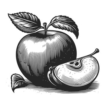 Apple fruit plant food sketch engraving generative ai vector illustration. Scratch board imitation. Black and white image.
