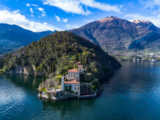 Aerial view of Villa Balbianello peninsula on Lake Como