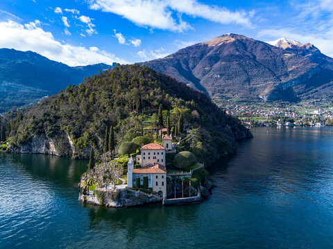 Aerial view of Villa Balbianello peninsula on Lake Como