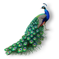 A feathered peacock with intricate patterns and majestic presence, evoking a sense of awe and admiration for the wonders of nature. Isolated on white, with faint shadow for 3d illusion. - 757594500