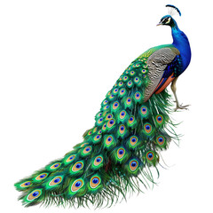 A feathered peacock with intricate patterns and majestic presence, evoking a sense of awe and admiration for the wonders of nature. Transparent png, add your own background. - 757594523