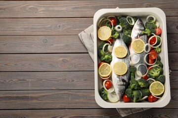 Raw fish with vegetables and lemon in baking dish on wooden table, top view. Space for text